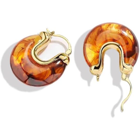 Jewelry - Gold Amber Resin Oval Hoop Earrings for Women - Trendy 18K Gold Plated Dangle Th